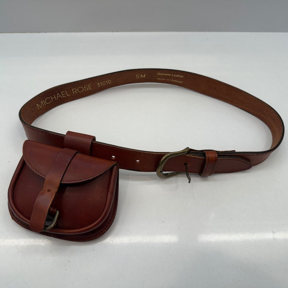 Michael Rose brown vintage Leather Belt Slide Bag Pouch Brass Buckle SMALL